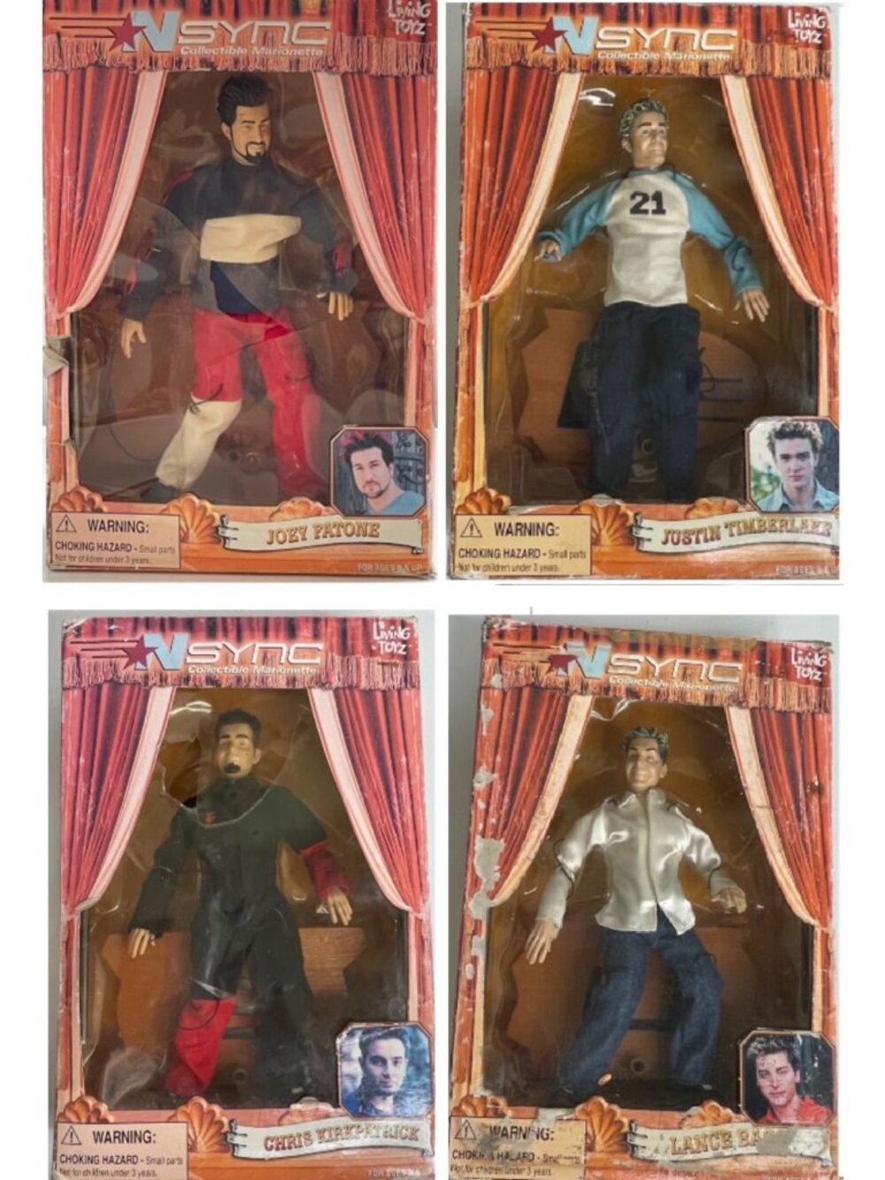 NSYNC Lot of 4 Marionettes 2000 Living Toys Justin Lance Chris Joey Damaged Box